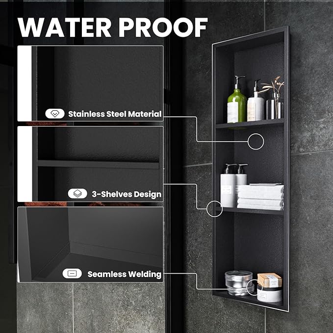 Stainless Steel Shower Niche 12" X 36"，3-Tier Recessed Wall Niche No Tile Needed Shower Shelf for Bathroom Storage (4x12x36 Black)