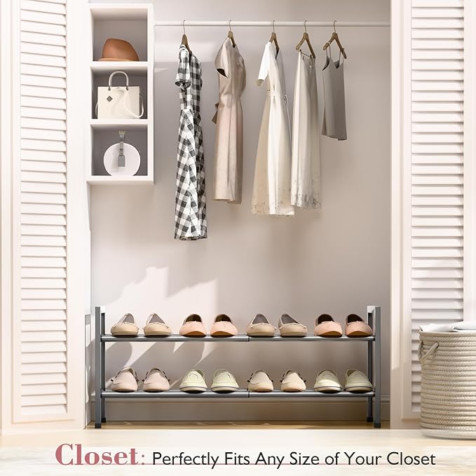 Bumusty 2-Tier Expandable Shoe Rack for Closet, 18“-33” Adjustable Shoe Rack for Small Space, Small Shoe Organizer for Front Door, Sturdy Metal, Gray