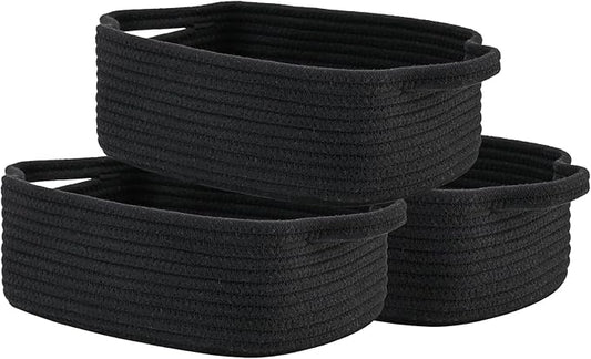 KALLAX Small Woven Basket, 12 x 8 x 4.5 Inches, Small Storage Baskets for Organizing, Gift Baskets Empty, Cute Rope Shelf Closet Storage Bins for Shelves, Dog Toy Basket, 3 Packs, Black