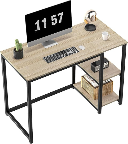 SINPAID 40'' Oak Computer Desk with Shelves, Sturdy Light Wood Desks with Storage Space, Modern Gaming Desk Study Writing Laptop Table, Beige