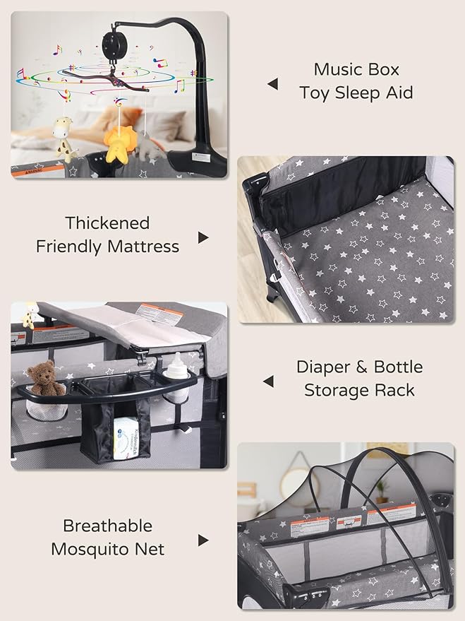 Bedside Bassinet for Baby, Portable Baby Crib with Mosquito Net, Mattress, Diaper Changer, Playpen for Newborn to Toddles, Pack and Play with Bassinet, 5 in 1 Bedside Crib