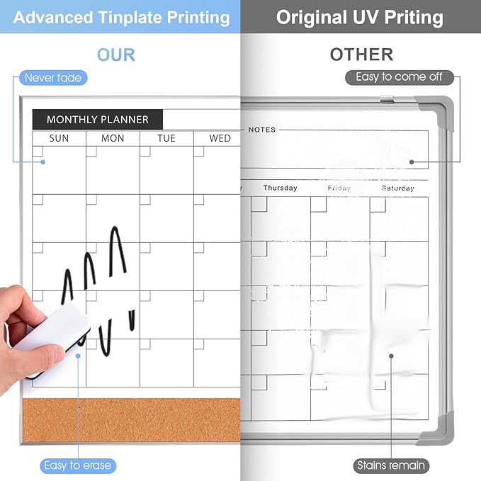 ARCOBIS Dry Erase Calendar with Cork Board for Wall, 24"x 18" Magnetic Calendar Whiteboard with Silver Frame, Monthly Combination Board for School, Home, Office