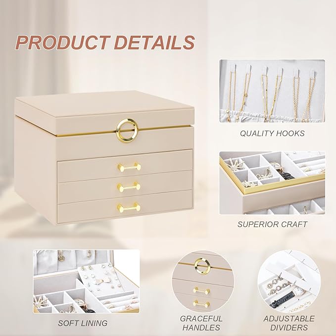 Jewelry Box Organizer for Women Girls, 4-Layer Large Jewelry boxes with 3 Drawers Jewelry Storage Case for Earrings Bracelets Necklaces