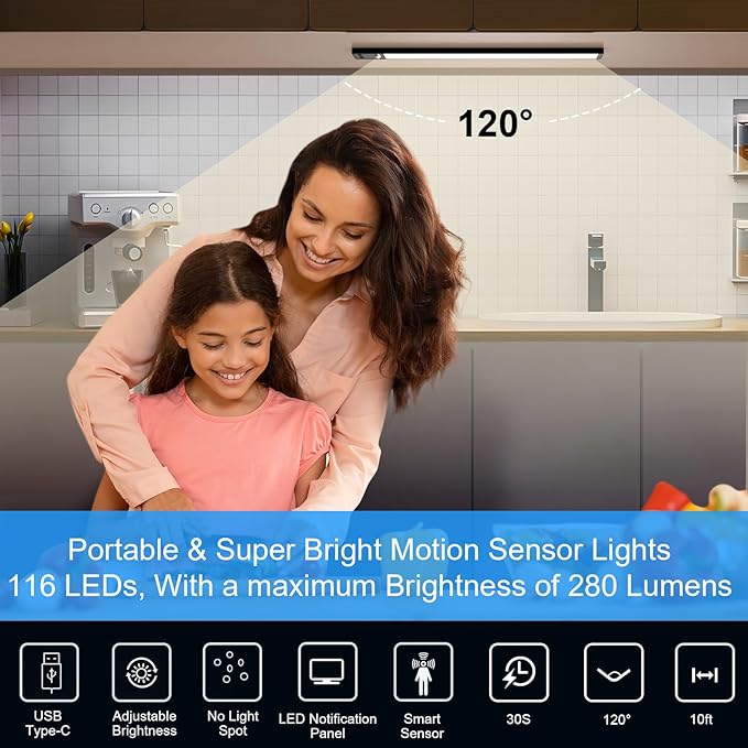YELKO Under Cabine t Lights,12inch Rechargeable Motion Sensor Closet Light, 3200mAh Battery Operated Nightlights, Cordless Dimmable Motion Activated LED Lamp for Kitchen Wardrobe Cupboard