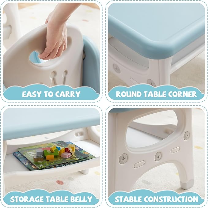 Kids Table and Chair Set, Plastic Children Activity Table with 2 Chairs, Toddler Table and Chair Set for Reading, Drawing, Snack Time, Arts Crafts, Preschool, Gift for Boys Girls