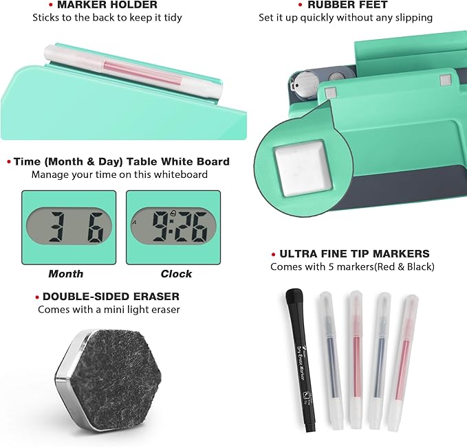 Small Glass Desk Whiteboard Dry-Erase Board with Clock, Small Travel Clock Keychain with Desk Notepad, Time Table Whiteboard for Desk Digital LED Light Display, 8x6 in with Accessories, Turquoise