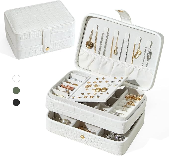 PU Leather Small Jewelry Box for Women Girls, Double Layers Travel Portable Jewelry Case for Ring, Pendant, Earring, Necklace, Bracelet Organizer Storage Holder Boxes, White