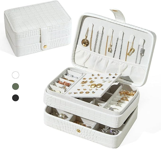 PU Leather Small Jewelry Box for Women Girls, Double Layers Travel Portable Jewelry Case for Ring, Pendant, Earring, Necklace, Bracelet Organizer Storage Holder Boxes, White