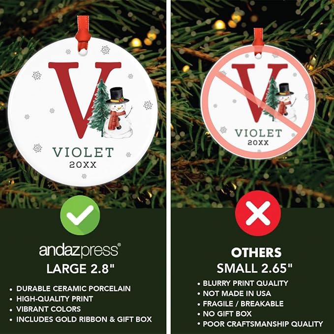 Andaz Press Personalized Ornament, Custom Name, Initial V Monogram Snowman 2.8" Ceramic Porcelain 2025 Christmas Ornament Keepsake for Kids, Boys, Girls, Includes Gold Ribbon & Gift Box, 1-Pack