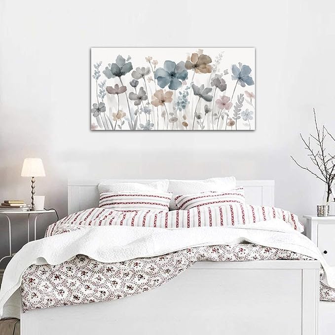 Elegant Flowers Canvas Wall Art - Floral Pictures for Wall Decor Indigo Brown Grey Canvas Painting Nature Printing Artwork for Living Room Bedroom Home Office Wall Decoration 29" x 58"