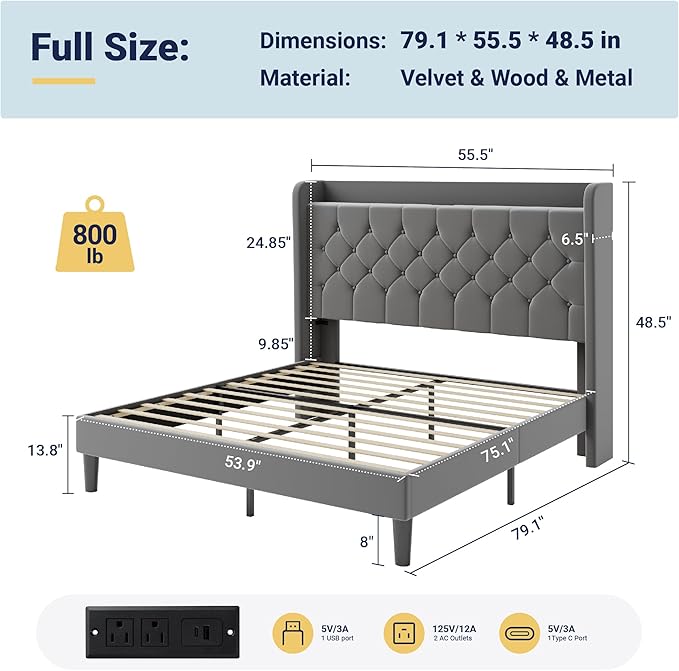 Allewie Full Size Bed Frame, Storage Headboard with Charging Station, Wingback Velvet Upholstered, Diamond Stitched Button Tufted, Sturdy Wooden Slats, No Box Spring Needed, Easy Assembly, Grey