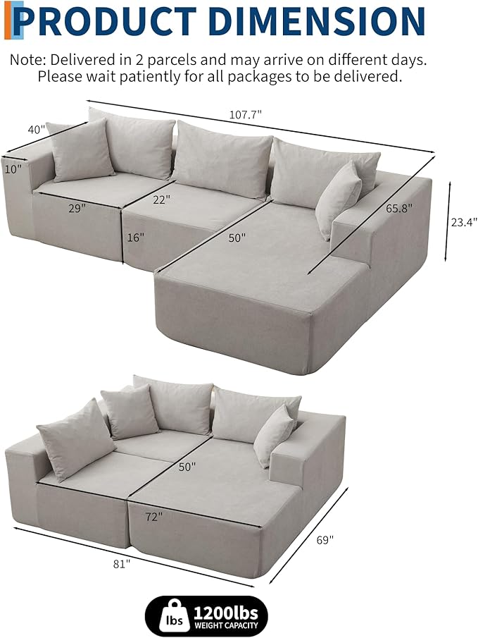 108" Modular Sectional Sofa,Cloud Couch Sectional with Right Chaise | Fluffy Compressed l Shaped Sofa for Living Room | Boneless Couch & Sofa Bed Design,No Assembly Required, Beige