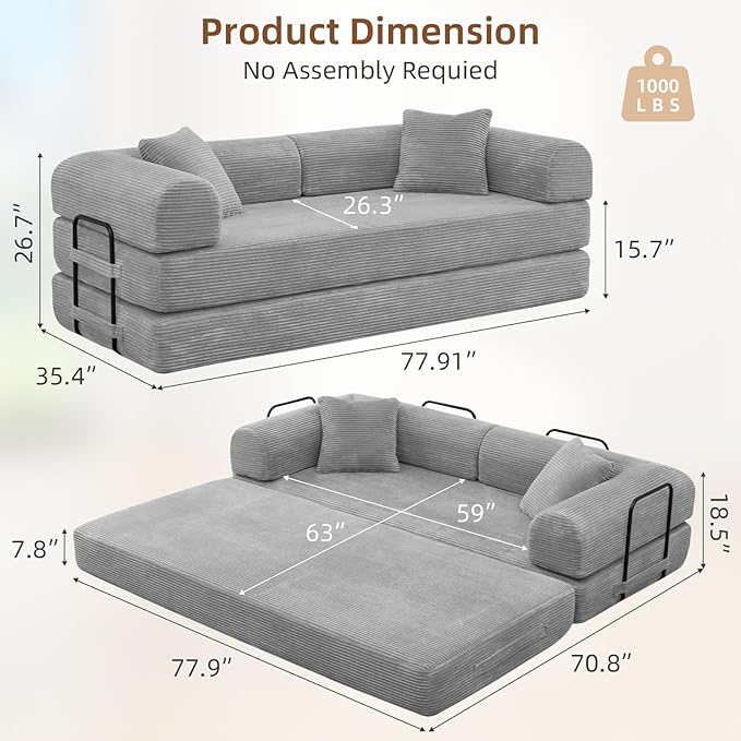 Rovibek 4-in-1 Convertible Sleeper Sofa Bed Queen Size, Foldable Floor Couch Corduroy, Folding Futon Sofa Beds with Pillow and Fixed-Shape Frame, Suitable for Living Room, Bedroom, Lounge, Light Grey