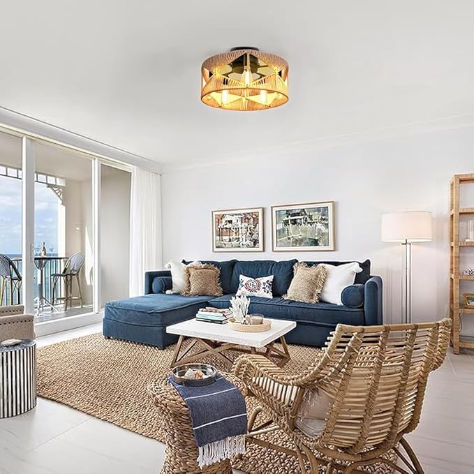 20 inch Boho Flush Mount Ceiling Light Fixture with 5-Light, Hand-Woven Rattan Chandelier with Integrated Metal Frame, Ceiling Light Hanging for Dining Room, Bedroom, Entryway, Living Room, Farmhouse