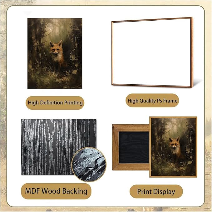 Djmwtb Vintage Framed Wall Art Fox Canvas Wall Art Prints Woodland Animal Painting Forest Pictures Artwork for Living Room Bedroom Bathroom Office 12x16in