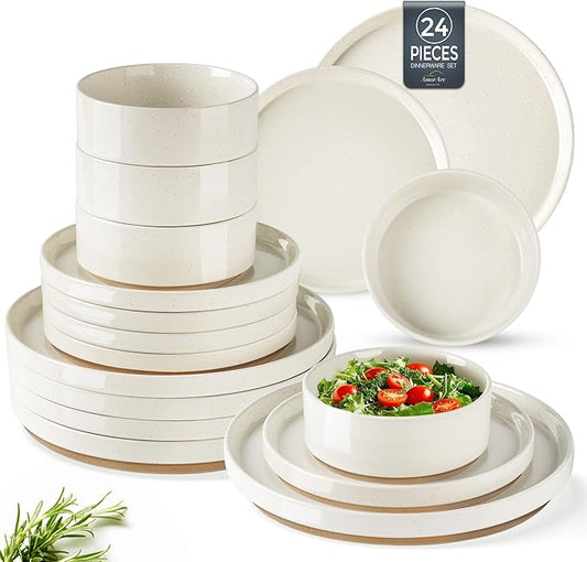 AmorArc Ceramic Dinnerware Set for 8 | Speckled Stoneware Plates and Bowls with Rustic Terracotta Underside| Scratch Resistant,Dishwasher & Microwave Safe Dishes Sets- 24pcs Beige