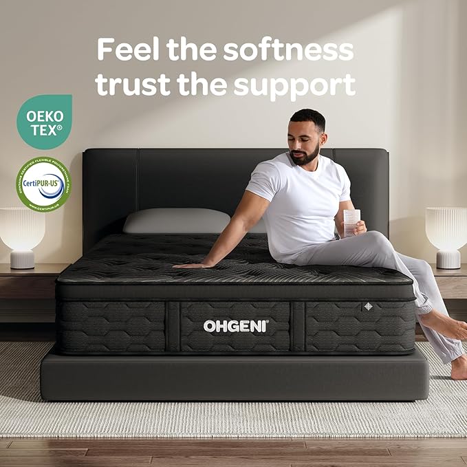 OhGeni 10 Inch Cooling Queen Size Mattress, Hybrid Gel-Infused Memory Foam Bed Mattresses in a Box, Medium Feel Cool Top Fabric, Home Gift for Mom, 3-Zone Design & Reinforced Edge Support, Black