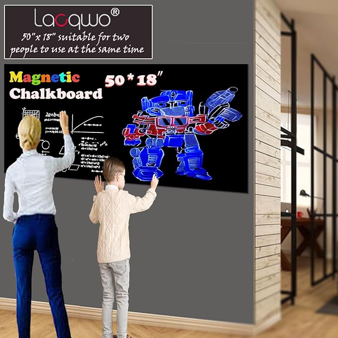 Magnetic Chalkboard Contact Paper 50"x18" Self Adhesive Magnet Wall Board Sticker with 12 Color Liquid Chalk for Kid, Black Chalk Board Wallpaper Roll Alternative to Magnetic Blackboard Paint