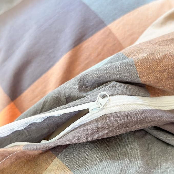 FACE TWO FACE Bedding Duvet Cover Set100% Washed Cotton Duvet Cover Linen Like Textured Breathable Durable Soft Comfy (Full, Cookie Powder Grid)