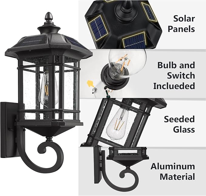Emliviar Solar LED Wall Light Outdoor,Dusk to Dawn Solar Porch Light with Remote Control, Black Finish with Seeded Glass, Bulb Included, 22021M-SL BK
