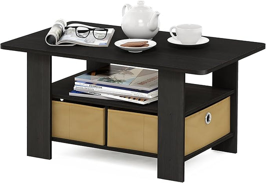 Furinno Coffee Table with Bins, Espresso/Brown