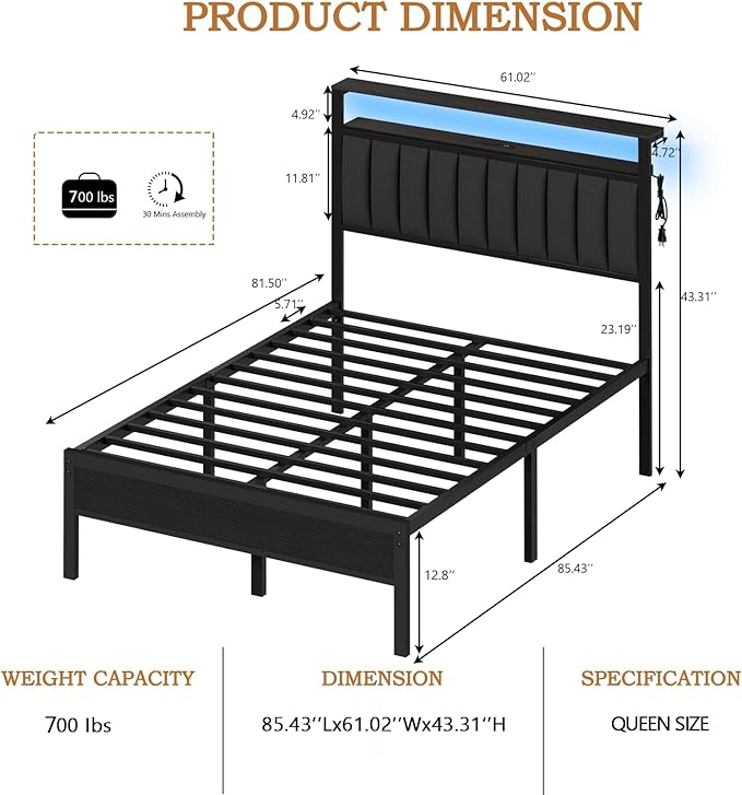 Furnulem Queen Size Bed Frame with Charging Station and LED Lights, Platform Bed with Metal Slats, Grey Upholstered Headboard with 2-Tier Storage Shelves, No Box Spring Needed