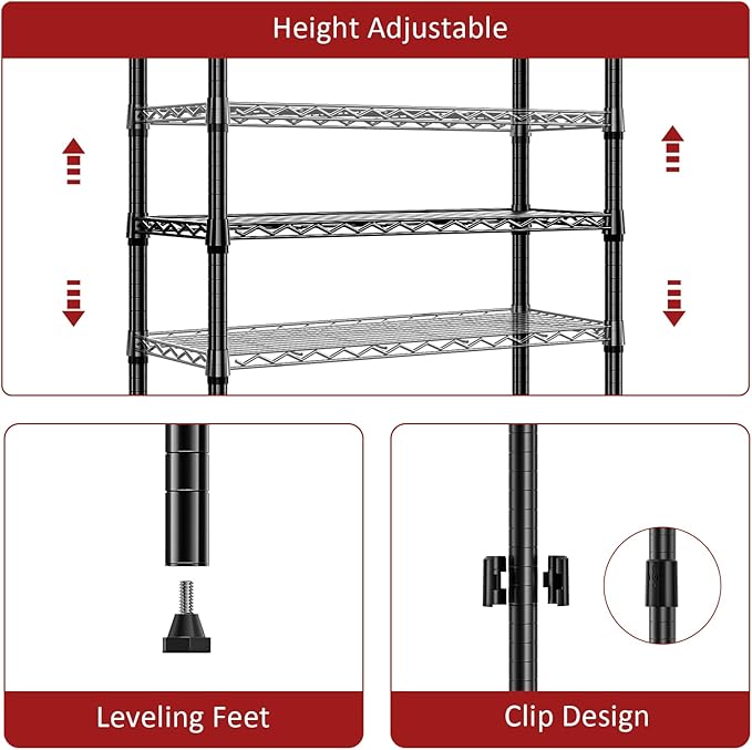 IZEUK 4 Tier Steel Storage Shelves, Heavy Duty Metal Shelf Wire Shelving Rack for Pantry, Kitchen, Living Room, or Office Organization (11.8" D x 21.7" W x 39.5" H, 1000LBS, Black)