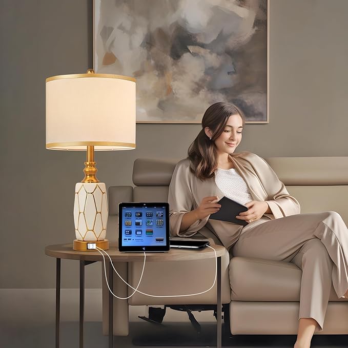 Set of 2 Touch Control Table Lamps for Bedroom Livingroom,Modern Ceramic Table Lamp with USB Ports,Bedside Nightstand Lamp with Fabric Drum Lampshade,Blubs Included (White)