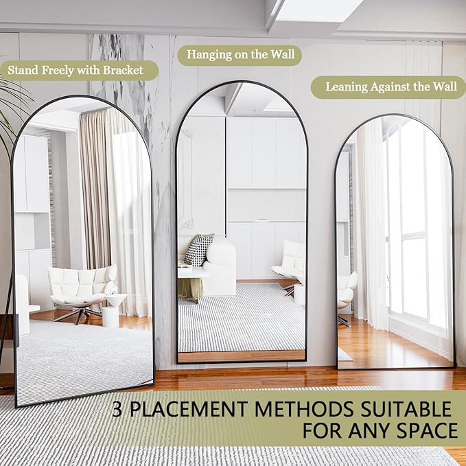 BEAUTYPEAK 71"x30" Arch Full Body Floor Mirror, Full Length Mirror Wall Mirrors Hanging or Leaning Arched-Top with Stand for Bedroom, Dressing Room, Black