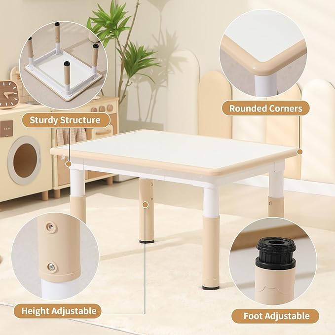 Toddler Table and Chairs, Kids Table and 4 Chairs Set with Graffiti Desktop, Height-Adjustable Kids Study Table for Boys and Girls Aged 3-8, Max 300lbs