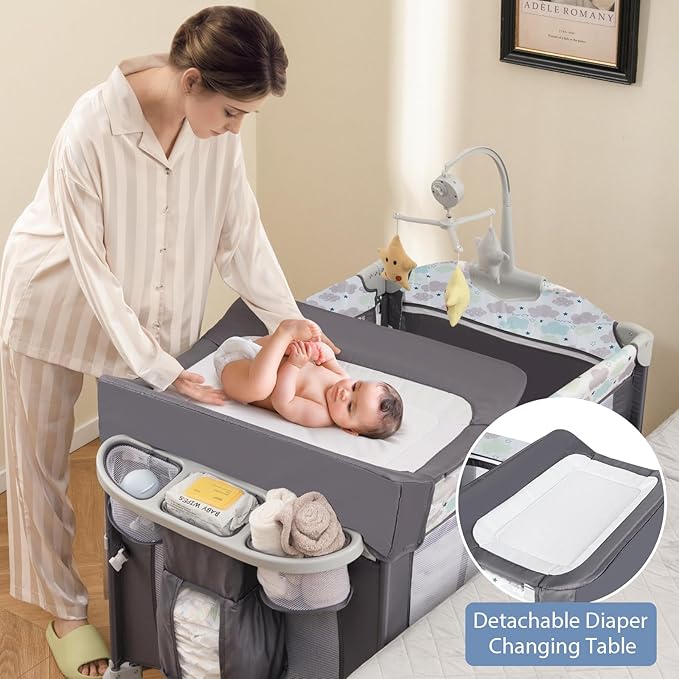 BABY JOY 5-in-1 Pack and Play, Portable Baby Bedside Sleeper with Bassinet, U-Shaped Diaper Changer, Safety Strap, Side Zipper Entrance, Hangings, Bedside Crib Playard from Newborn to Toddlers (Gray)