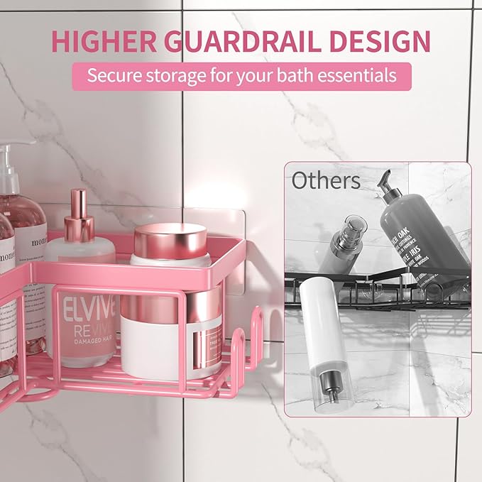 Adhesive Corner Shower Caddy - No Drilling Shower Shelves-Rustproof, Organizer for Bathroom with Soap Holder. Pink