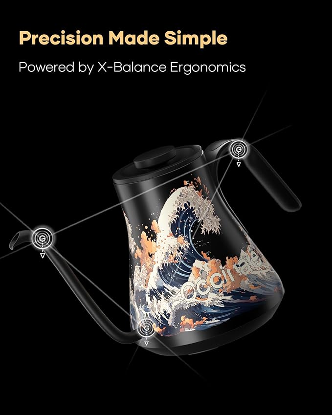 Cocinare FLOW M9 Electric Gooseneck Kettle, ±1℉ Temperature Control for Pour-over Coffee & Tea, Stainless Steel Interior, Quick Heating for Boiling Water (Wave)