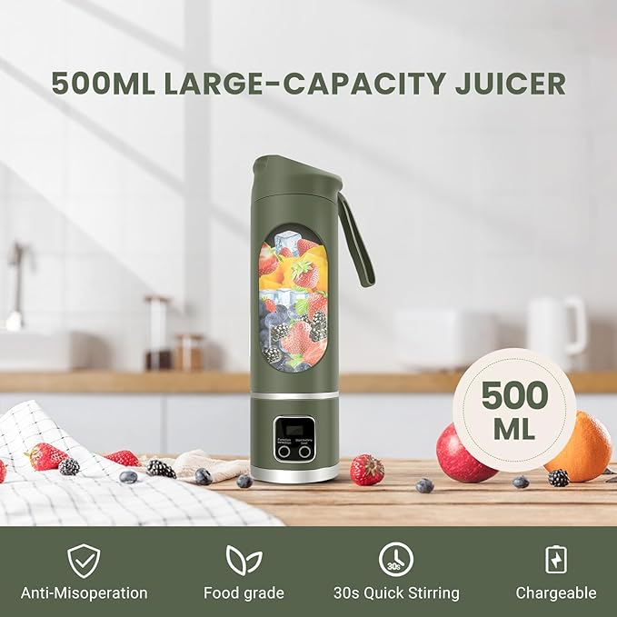 Portable Personal Electric USB Juicer，500ML Mini Blender Portable Blender For Shakes and Smoothies juice，12 Blades Great for Mixing，Compact、Convenient and Versatile (Green)