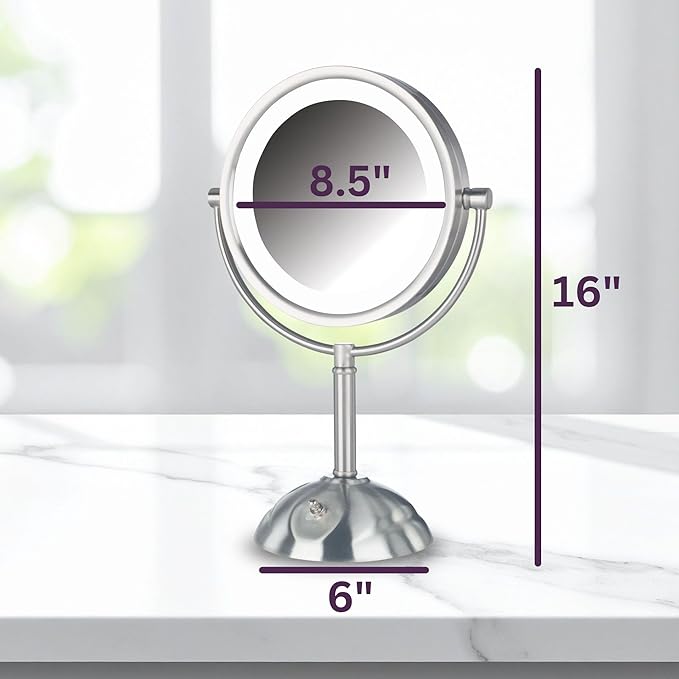 JERDON Lighted Makeup Mirror with Magnification - 1X and 8X Magnification - Nickel Finish - Model HL8808NL