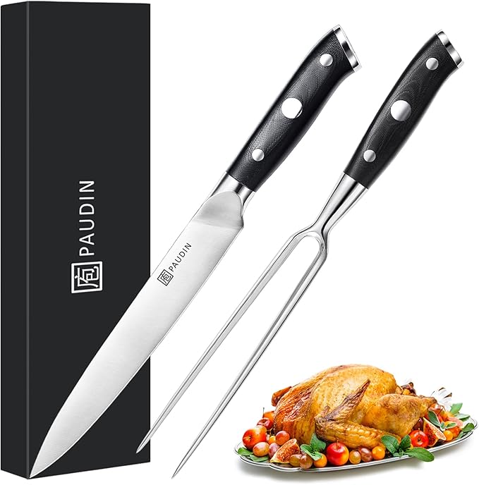 PAUDIN Carving Knife Set - 8" German Steel Turkey Carving Knife and Fork Set With Ergonomic Handle, Full Tang For Meat, Brisket