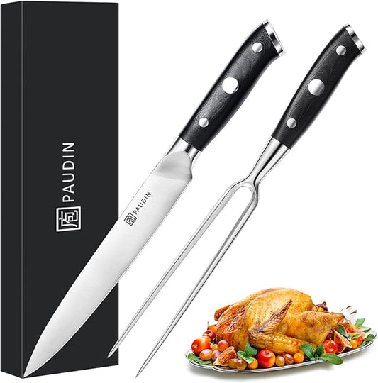 PAUDIN Carving Knife Set - 8" German Steel Turkey Carving Knife and Fork Set With Ergonomic Handle, Full Tang For Meat, Brisket