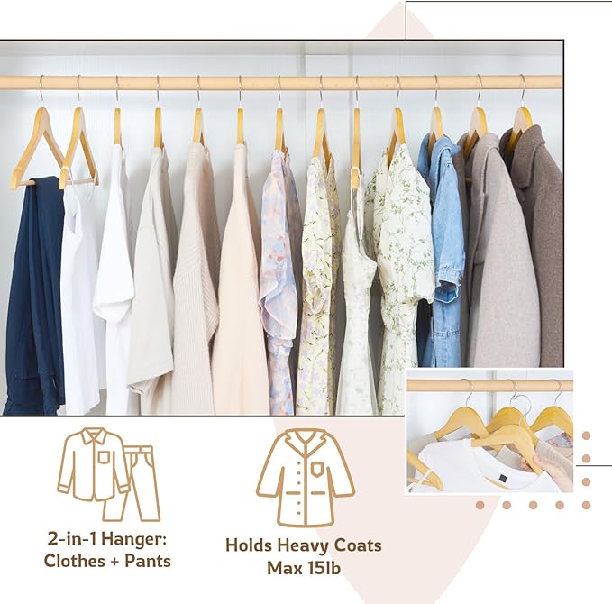 ELONG HOME Wooden Hangers, 30 Pack Slim Wood Coat Hangers with Extra Smooth Finish, Precisely Cut Notches and Chrome Swivel Hook, Wooden Clothes Hangers for Shirt Suit Jacket Dress, Natural