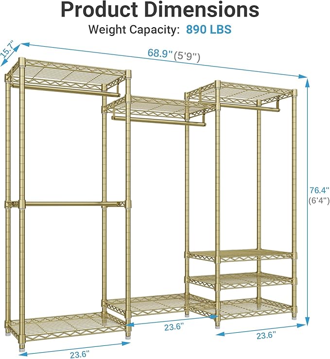 VIPEK V5 Portable Closet Wardrobe Heavy Duty Clothes Rack, Freestanding Metal Clothing Racks Custom Closet Racks with 8 Adjustable Shelves, 68.9" Lx15.7 Wx76.4 H, Max Load 890LBS, Gold