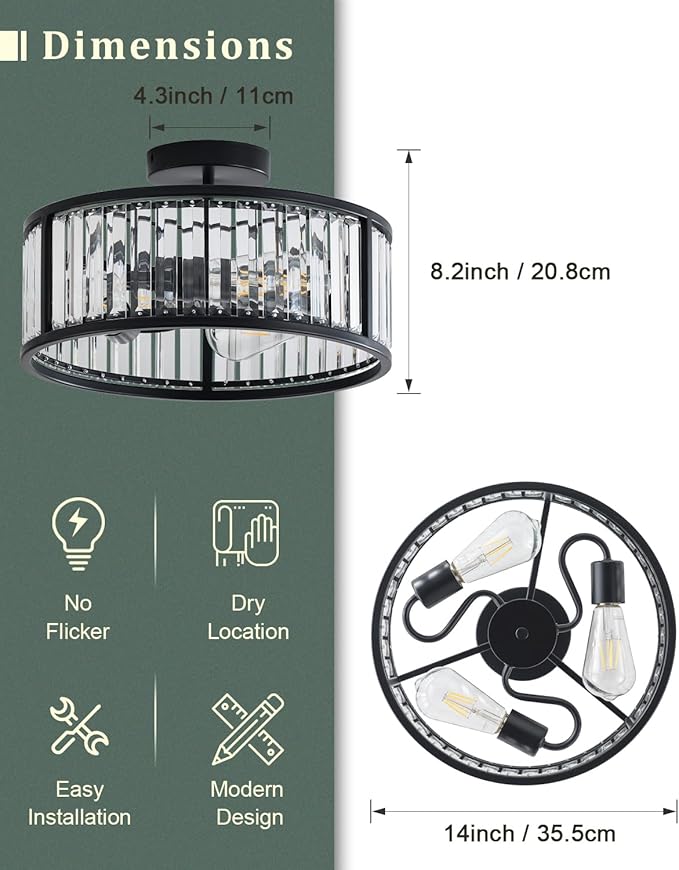 Black Flush Mount Ceiling Light, 2- Light Caged Crystal Chandelier, Small Drum Hallway Light fixtures Ceiling Mount (14 INCH Black)