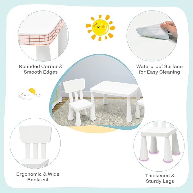 LDAILY Kids Table and Chairs, 3-Piece Children Arts Nursery Furniture for Drawing, Reading, and Painting, Light Weight Plastic Activity Kids Desk and Chair Set for Playroom, Kindergarten (White)