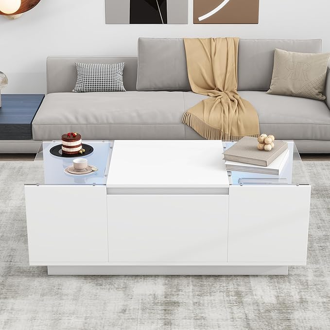 Modern High Gloss Coffee Table with Storage, 41.3-Inch Glass Top Center Cocktail Table with Drawers for Living Room, White