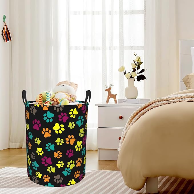 Dog Paw Laundry Basket,Colorful Paws Foldable Laundry Hamper,Dirty Clothes Laundry Basket, Linen Bin Storage Organizer for Toy Collection 16" x 20"