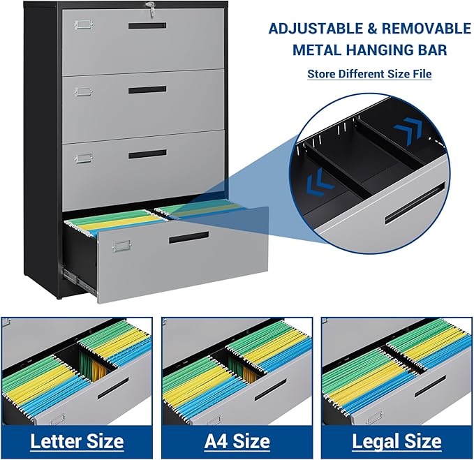 Metal Steel 4 Drawer Lateral File Cabinet with Lock, Filling Cabinets for Home Office, Lockable Storage Cabinet for Hanging Files Letter/Legal/F4/A4 Size-Assembly Required