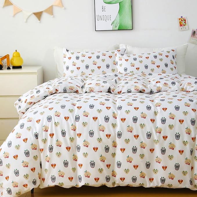 Ivellow Twin Duvet Cover for Kids Cartoon 100% Cotton Kids' Duvet Cover Sets Dog Animal Patterned Duvet Cover Ultra Soft Breathable Cute Toddler Bedding Set Zipper Closure Boys Girls Teens