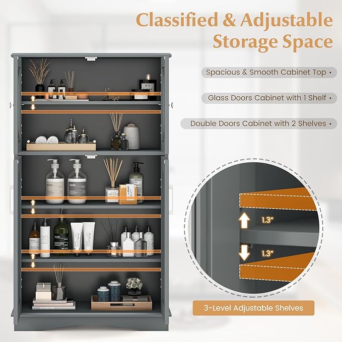 Tangkula Freestanding Floor Cabinet w/2 Glass Doors, 3-Level Adjustable Shelves, Anti-toppling Design, Kitchen Pantry Cupboard for Bathroom, Living Room (Grey)