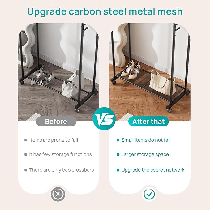 SINGAYE Clothes Rack Garment Clothing Hanger：Coat Rack Metal Double Bar Freestanding for Hanging Clothes Portable With Wheels Rolling Closet for Laundry Bedroom Drying Black