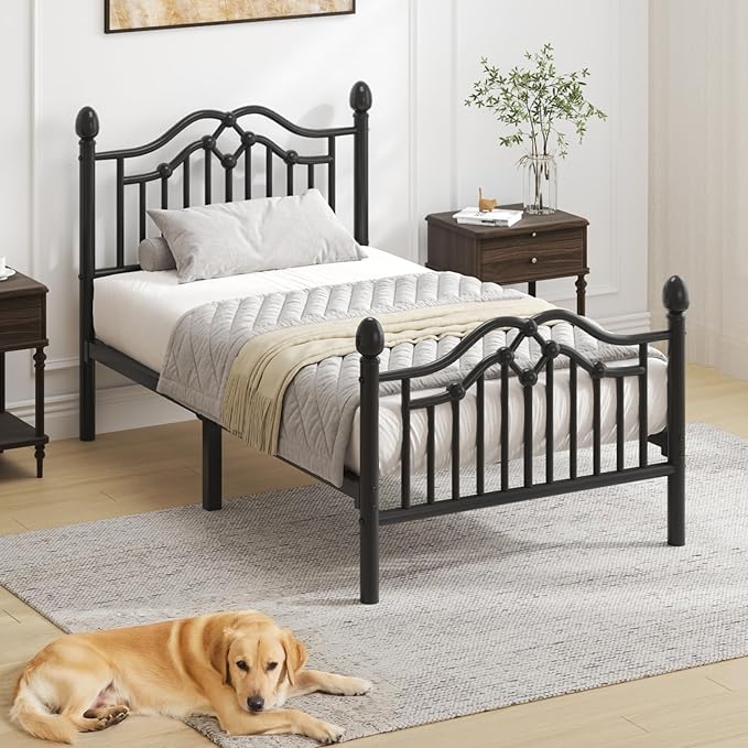 Twin Metal Platform Bed Frame for Kids, Bed Frame with Victorian Headboard and Footboard, Strong Metal Slats Support, No Box Spring Needed, Easy Assembly, Noise Free, Black