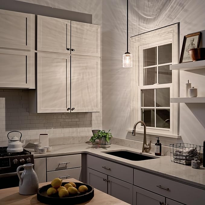 Kichler Winslow 7.5" Mini Kitchen Pendant with Clear Seeded Glass in Olde Bronze®, (7.5" H x 4.25" W), 44032OZ