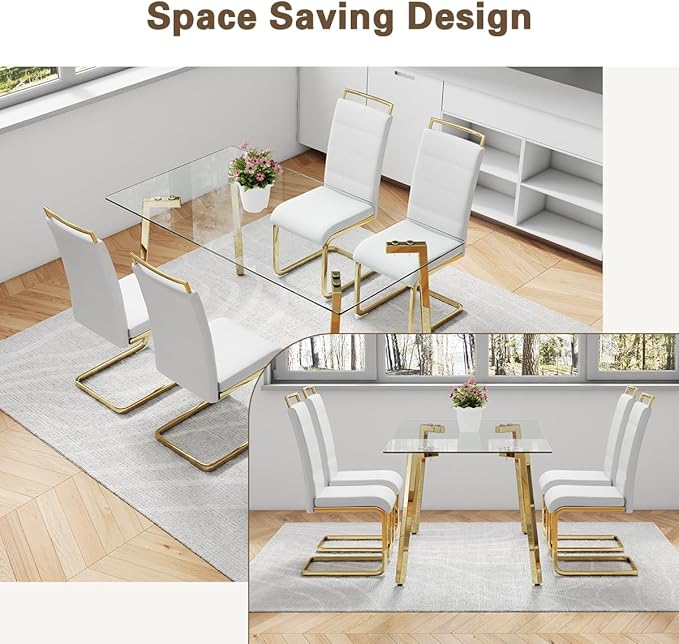 51" Glass Dining Table Set 4,Small Kitchen Room Dining Table Set 4 with Chairs,Tempered Glass Top with Gold Legs,Easy to Assemble,Dinette Breakfast Nook